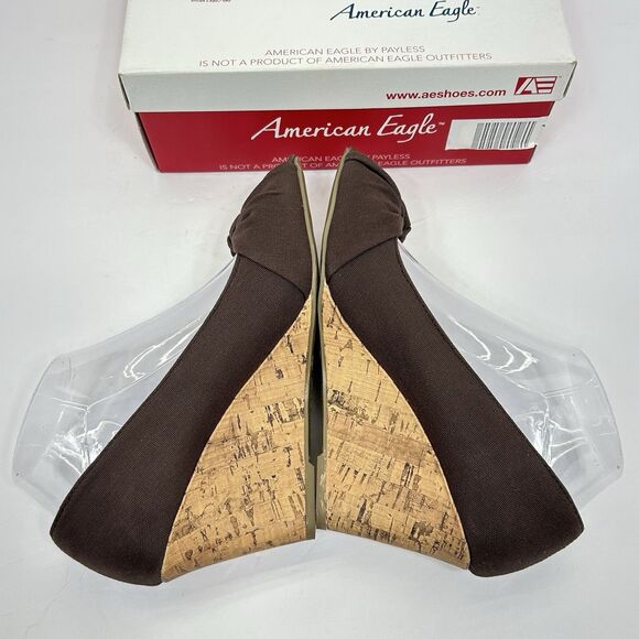 American Eagle Brown Fabric Peep Toe Cork Wedge Heel Shoes 8.5 Bow Classic - Picture 5 of 11